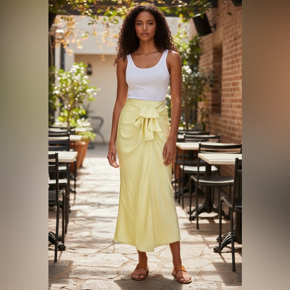 Misha collection gathered front chiffon midi skirt yellow, NWT size 6